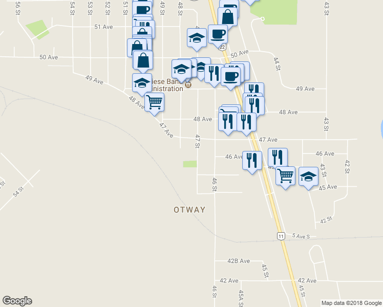 map of restaurants, bars, coffee shops, grocery stores, and more near 4608 47 Street in Rocky Mountain House