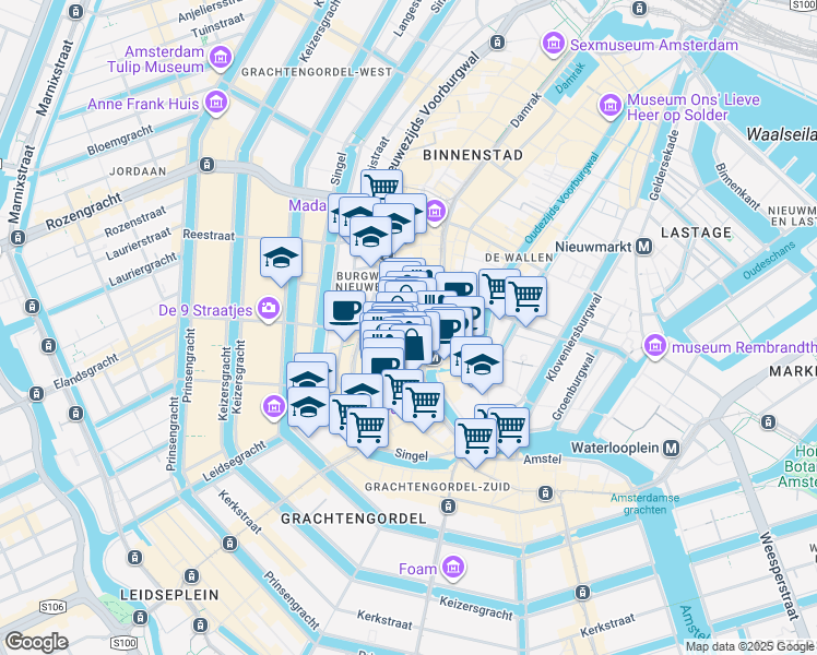 map of restaurants, bars, coffee shops, grocery stores, and more near 87 Kalverstraat in Amsterdam