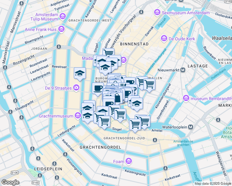 map of restaurants, bars, coffee shops, grocery stores, and more near 87 Kalverstraat in Amsterdam