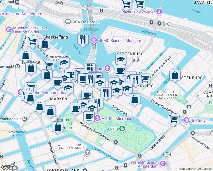 map of restaurants, bars, coffee shops, grocery stores, and more near 5 Nieuwevaart in Amsterdam