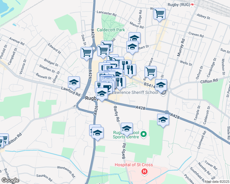 map of restaurants, bars, coffee shops, grocery stores, and more near in Warwickshire
