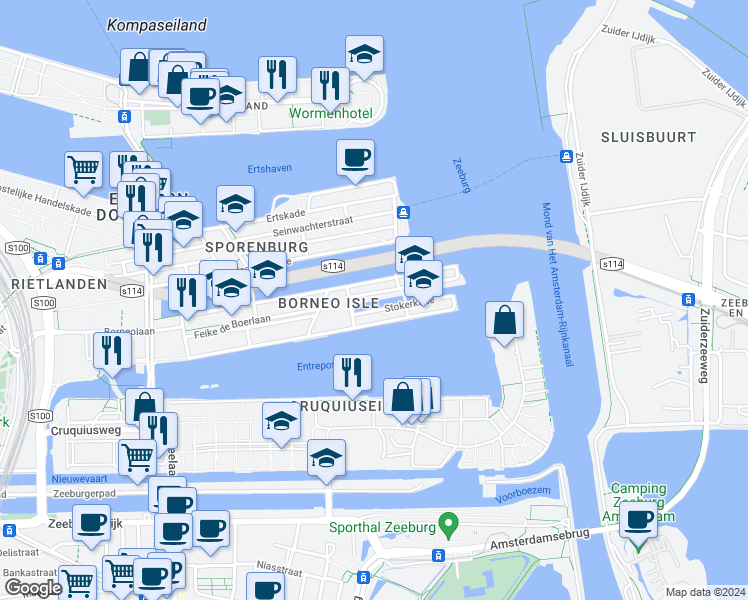 map of restaurants, bars, coffee shops, grocery stores, and more near 26 Scheepstimmermanstraat in Amsterdam