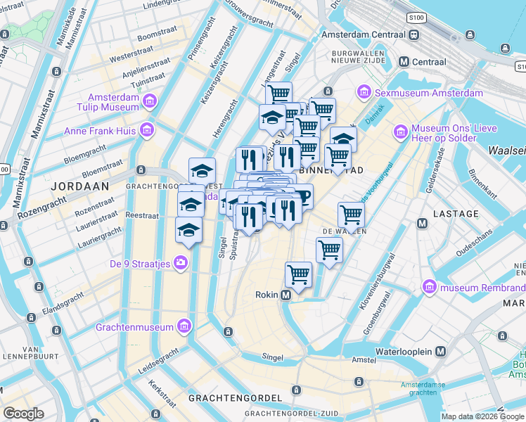 map of restaurants, bars, coffee shops, grocery stores, and more near 21 Paleisstraat in Amsterdam