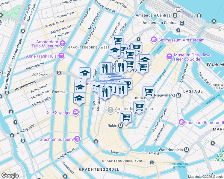 map of restaurants, bars, coffee shops, grocery stores, and more near 15 Paleisstraat in Amsterdam