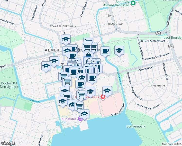 map of restaurants, bars, coffee shops, grocery stores, and more near 56 Stationsstraat in Almere