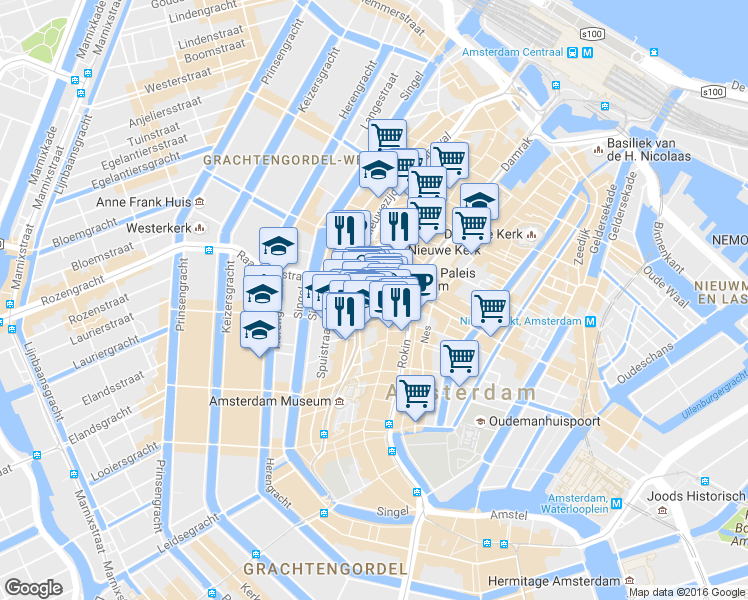 map of restaurants, bars, coffee shops, grocery stores, and more near 5 Paleisstraat in Amsterdam