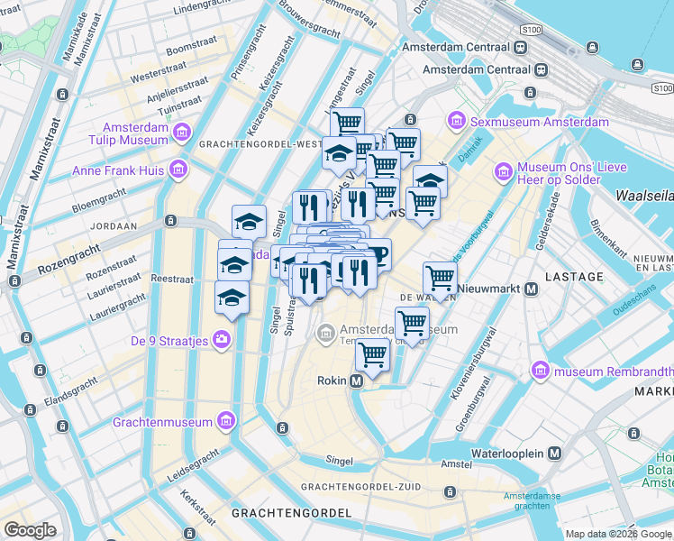 map of restaurants, bars, coffee shops, grocery stores, and more near 3 Paleisstraat in Amsterdam