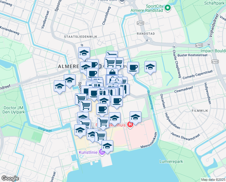 map of restaurants, bars, coffee shops, grocery stores, and more near 56 Stationsstraat in Almere