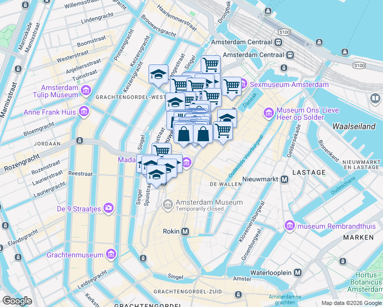 map of restaurants, bars, coffee shops, grocery stores, and more near 2 Dam Square in Amsterdam