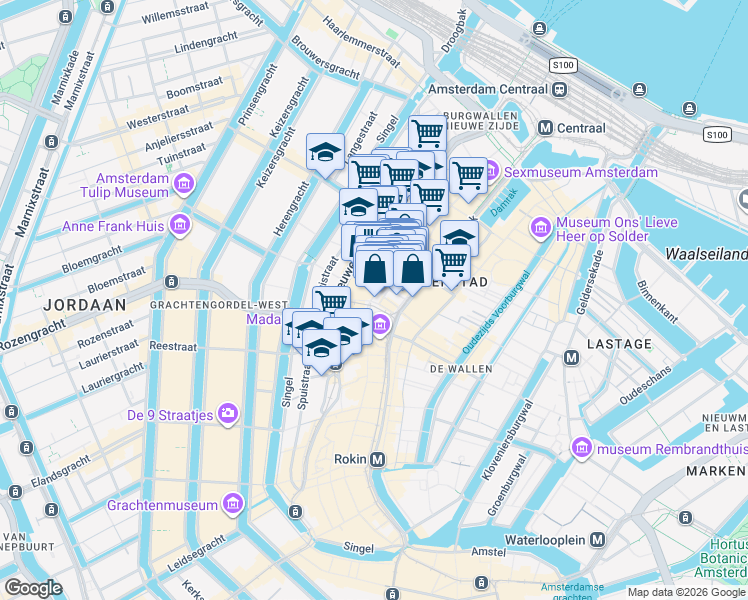 map of restaurants, bars, coffee shops, grocery stores, and more near 10 Dam Square in Amsterdam