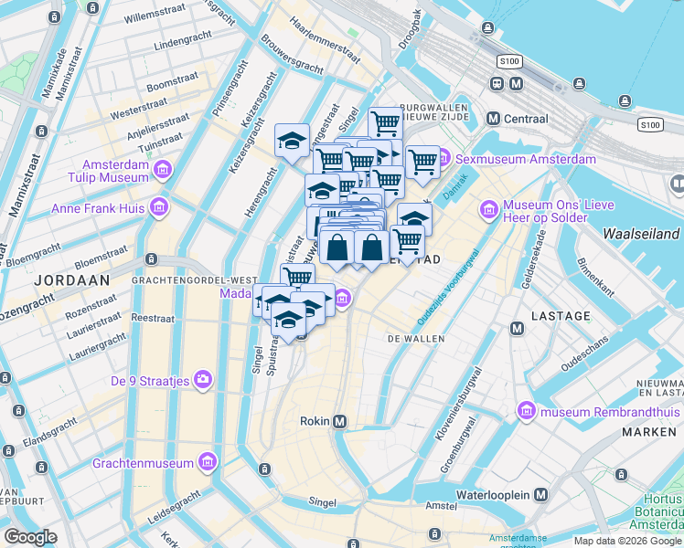 map of restaurants, bars, coffee shops, grocery stores, and more near 224 Nieuwendijk in Amsterdam
