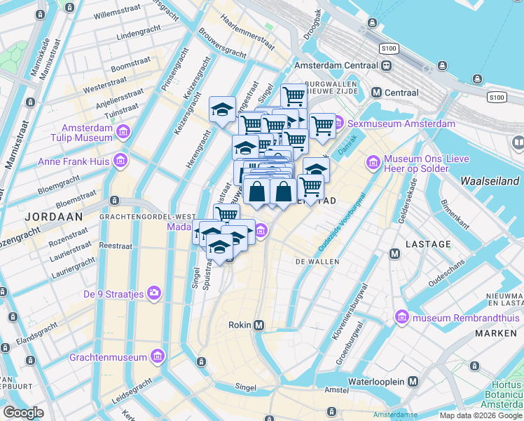 map of restaurants, bars, coffee shops, grocery stores, and more near 220 Nieuwendijk in Amsterdam