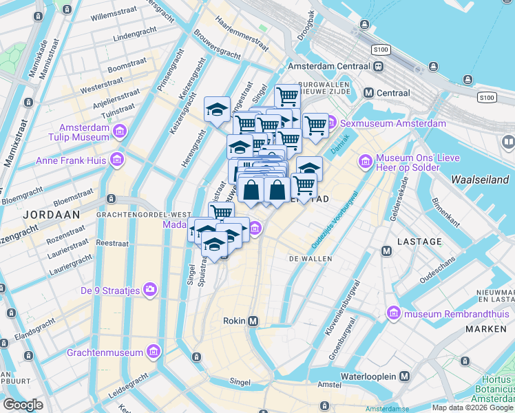 map of restaurants, bars, coffee shops, grocery stores, and more near 218 Nieuwendijk in Amsterdam