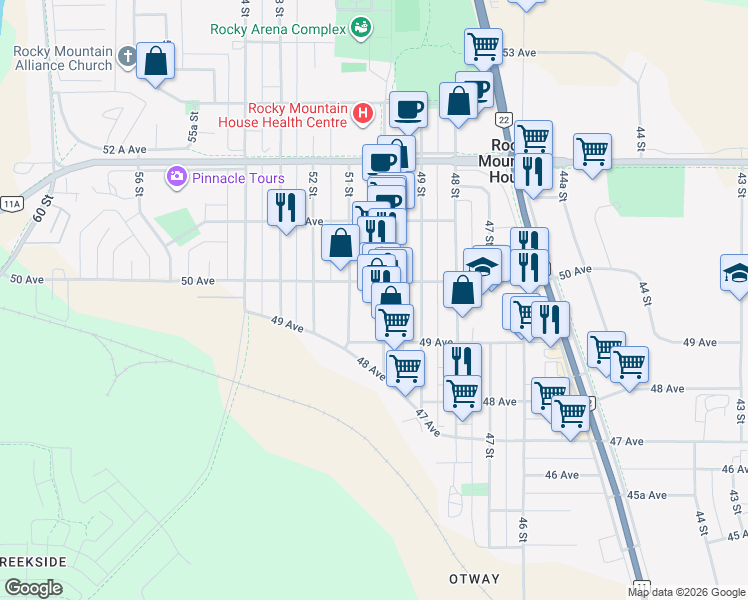 map of restaurants, bars, coffee shops, grocery stores, and more near 5008A 50 Street in Rocky Mountain House