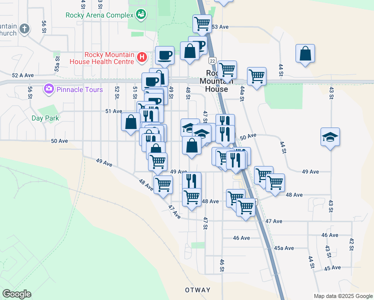 map of restaurants, bars, coffee shops, grocery stores, and more near 4931 48 Street in Rocky Mountain House
