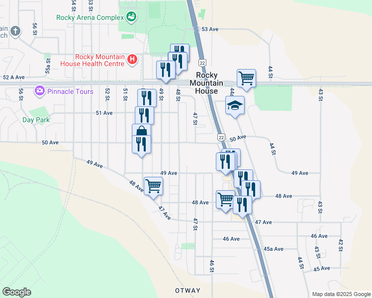 map of restaurants, bars, coffee shops, grocery stores, and more near 4931 48 Street in Rocky Mountain House