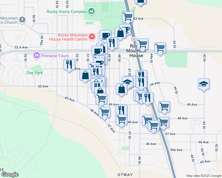 map of restaurants, bars, coffee shops, grocery stores, and more near 4940 49 Street in Rocky Mountain House