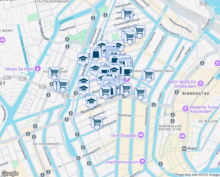 map of restaurants, bars, coffee shops, grocery stores, and more near  in Amsterdam