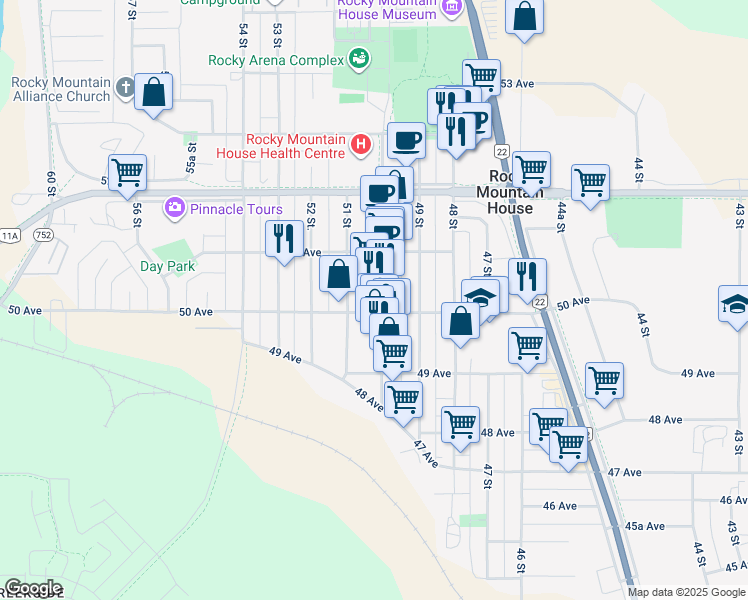 map of restaurants, bars, coffee shops, grocery stores, and more near 5008A 50 Street in Rocky Mountain House