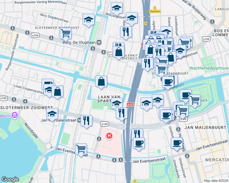 map of restaurants, bars, coffee shops, grocery stores, and more near 118 Willem Augustinstraat in Amsterdam