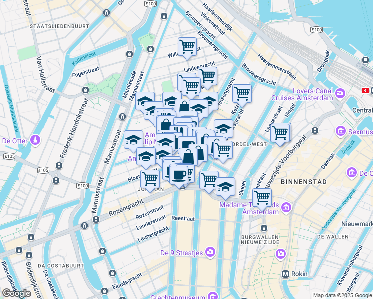 map of restaurants, bars, coffee shops, grocery stores, and more near 2 Nieuwe Leliestraat in Amsterdam
