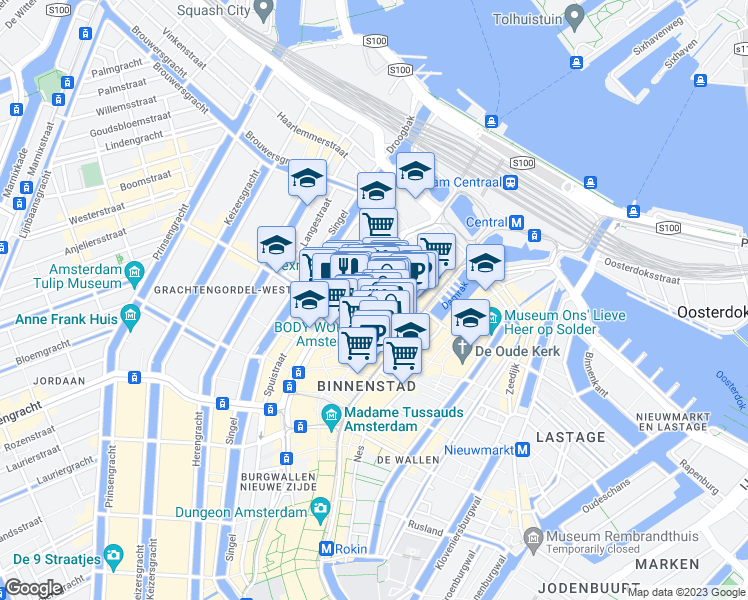map of restaurants, bars, coffee shops, grocery stores, and more near 19 Nieuwezijds Kolk in Amsterdam