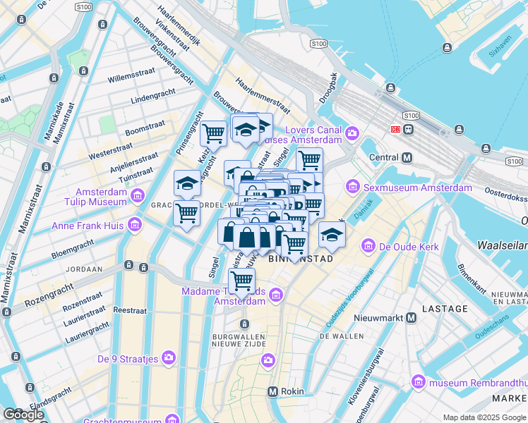 map of restaurants, bars, coffee shops, grocery stores, and more near 3 Lijnbaanssteeg in Amsterdam