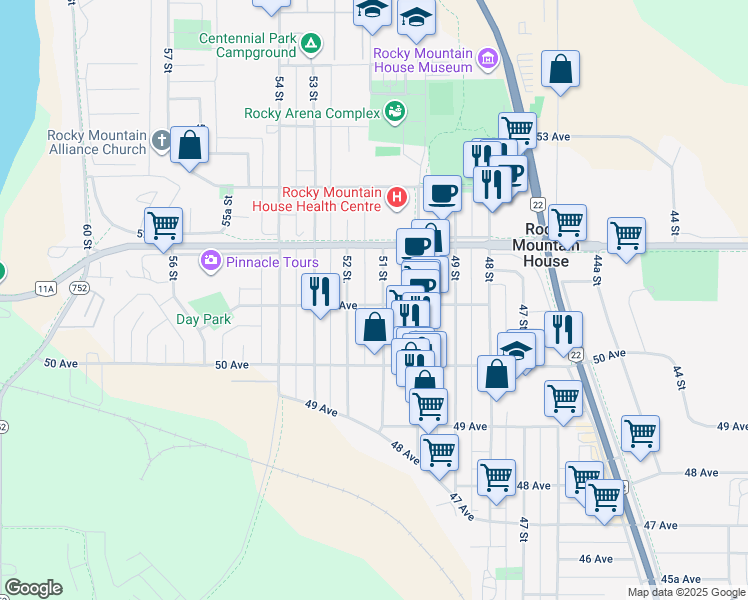 map of restaurants, bars, coffee shops, grocery stores, and more near 5104 51 Street in Rocky Mountain House