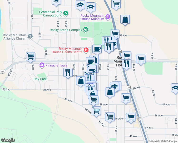 map of restaurants, bars, coffee shops, grocery stores, and more near 5112 50 Street in Rocky Mountain House