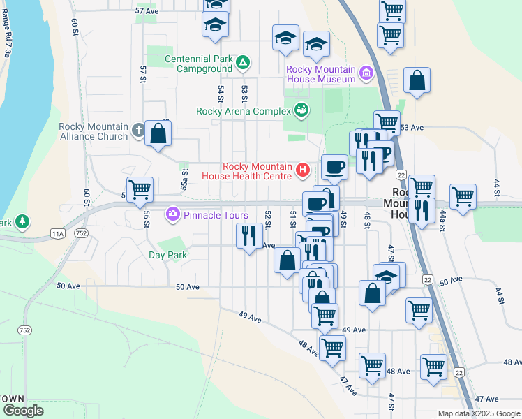 map of restaurants, bars, coffee shops, grocery stores, and more near 5140 52 Street in Rocky Mountain House