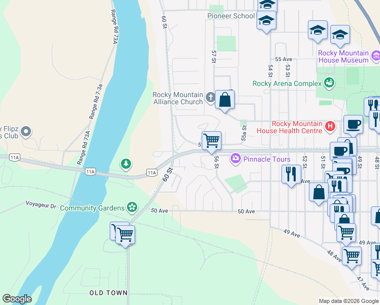 map of restaurants, bars, coffee shops, grocery stores, and more near 5611 52 Avenue in Rocky Mountain House