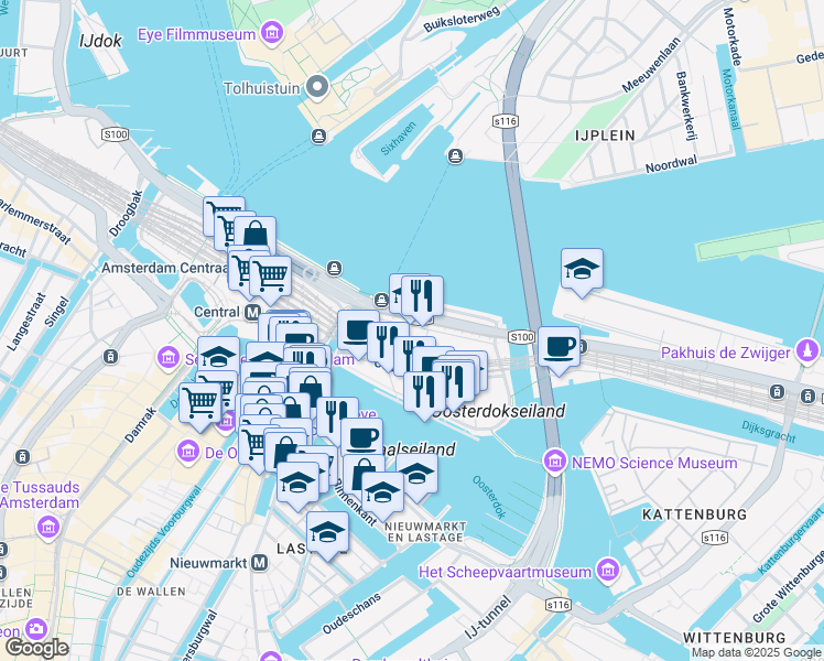 map of restaurants, bars, coffee shops, grocery stores, and more near 125 De Ruyterkade in Amsterdam
