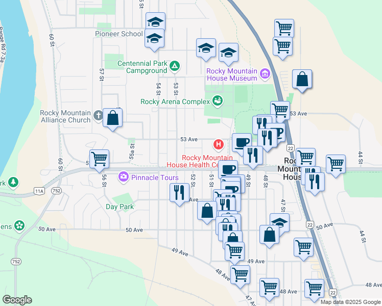 map of restaurants, bars, coffee shops, grocery stores, and more near 5220 52 Street in Rocky Mountain House