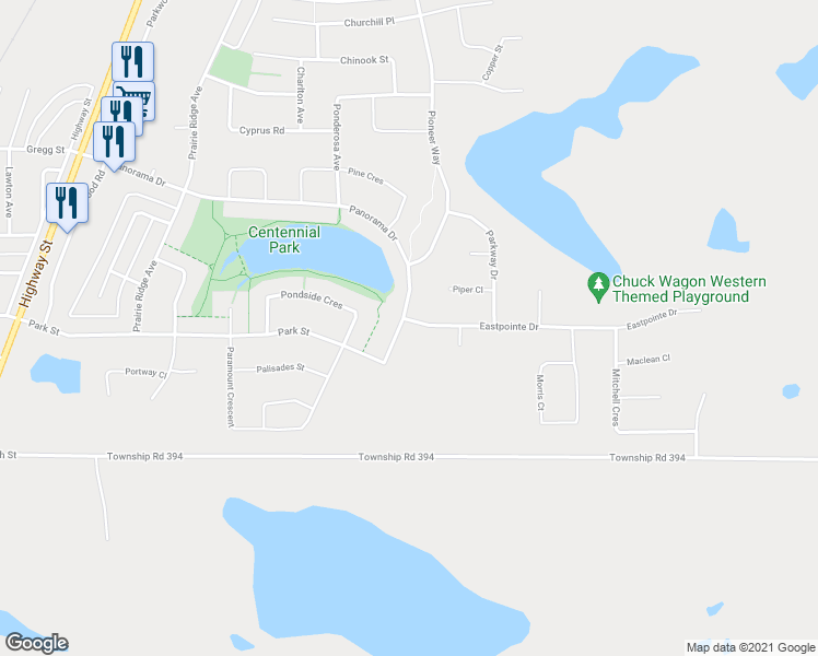 map of restaurants, bars, coffee shops, grocery stores, and more near 5902 Panorama Drive in Blackfalds