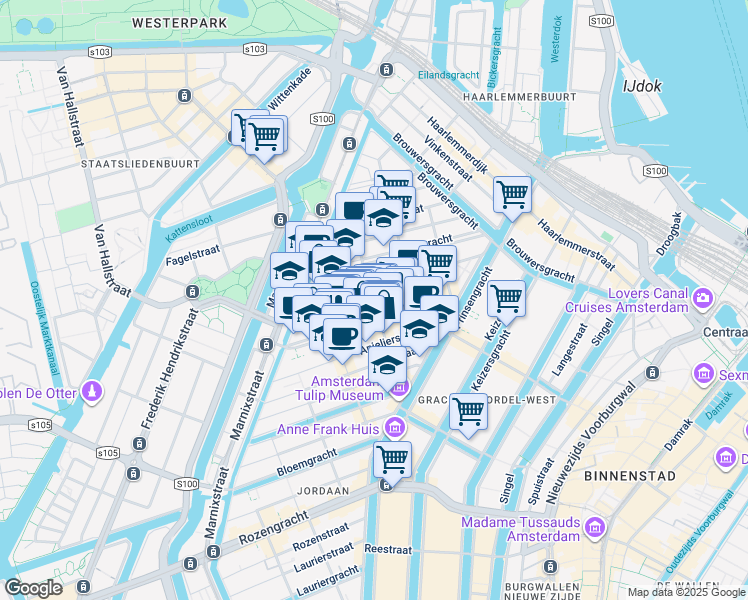 map of restaurants, bars, coffee shops, grocery stores, and more near 104 Boomstraat in Amsterdam