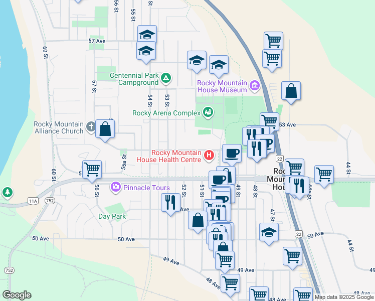 map of restaurants, bars, coffee shops, grocery stores, and more near 5220 52 Street in Rocky Mountain House