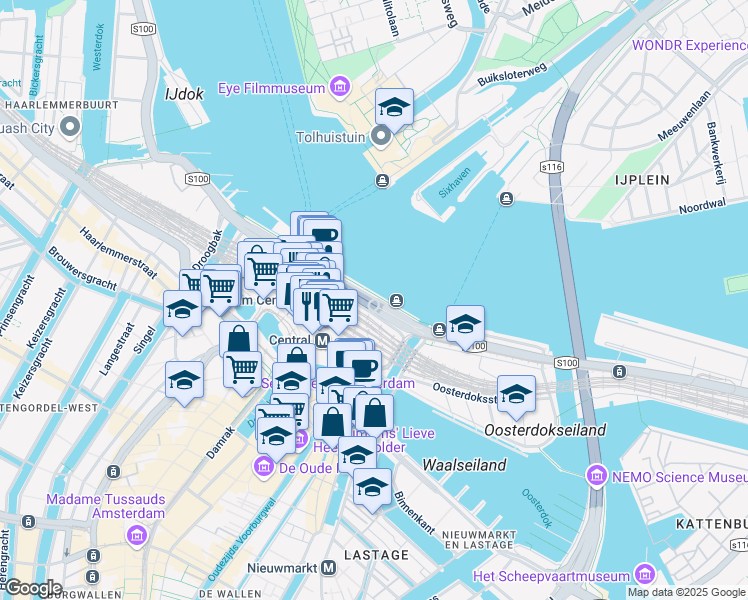 map of restaurants, bars, coffee shops, grocery stores, and more near De Ruyterkade in Amsterdam