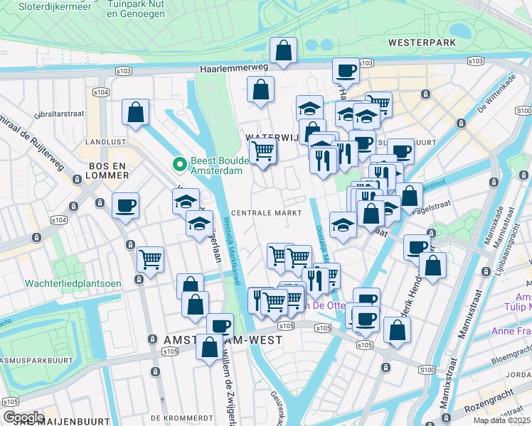map of restaurants, bars, coffee shops, grocery stores, and more near in Amsterdam
