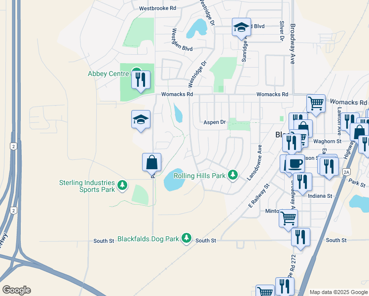 map of restaurants, bars, coffee shops, grocery stores, and more near 5200 Westridge Drive in Blackfalds