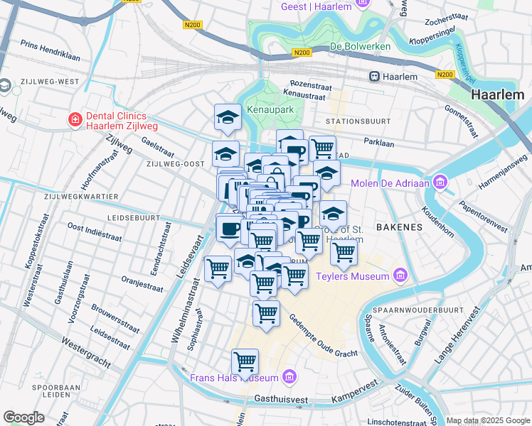 map of restaurants, bars, coffee shops, grocery stores, and more near 5A Nassaulaan in Haarlem