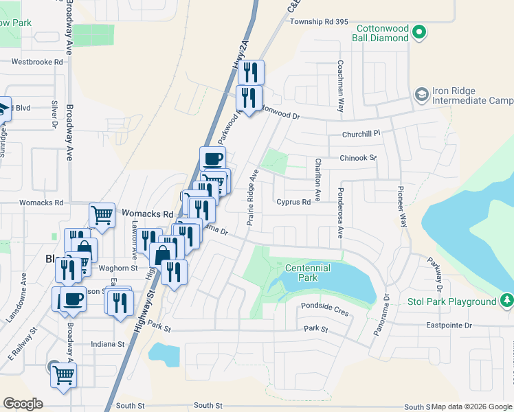 map of restaurants, bars, coffee shops, grocery stores, and more near 5421 Prairie Ridge Avenue in Blackfalds