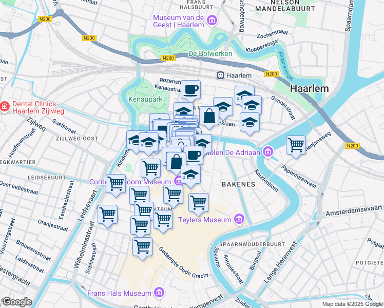 map of restaurants, bars, coffee shops, grocery stores, and more near 6 Ridderstraat in Haarlem