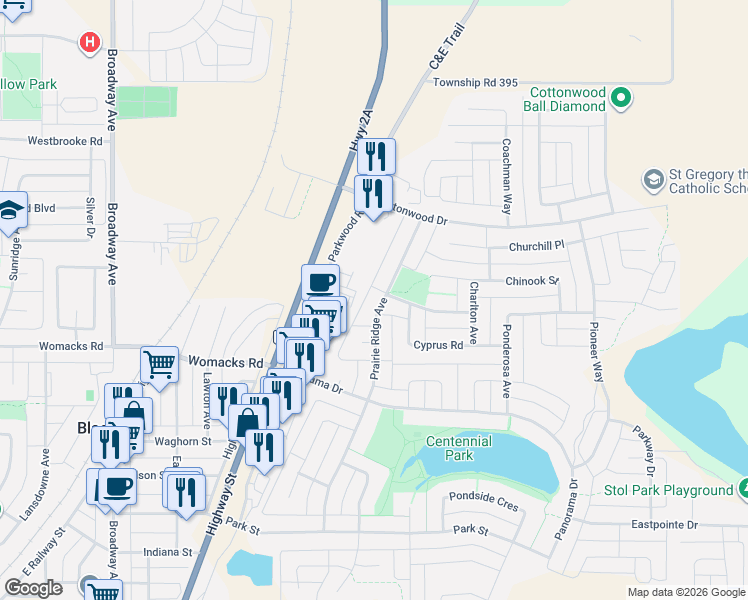map of restaurants, bars, coffee shops, grocery stores, and more near 2 Camille Street in Blackfalds