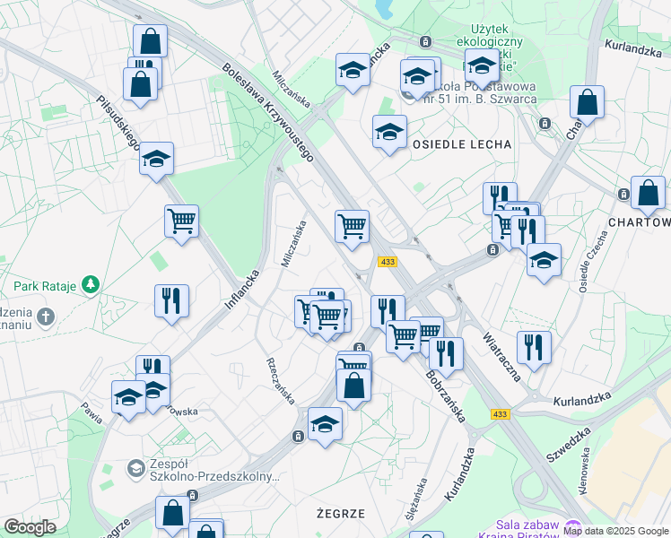map of restaurants, bars, coffee shops, grocery stores, and more near 161 Osiedle Stare Żegrze in Poznań