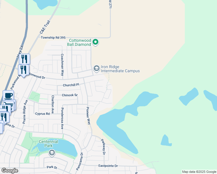 map of restaurants, bars, coffee shops, grocery stores, and more near 19 Copper Street in Blackfalds