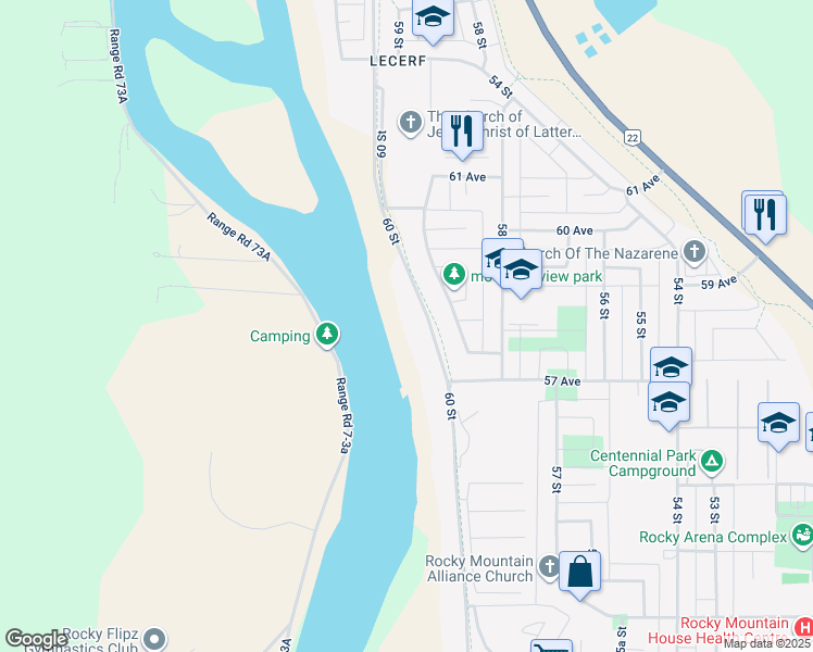 map of restaurants, bars, coffee shops, grocery stores, and more near 5820 60 Street in Rocky Mountain House