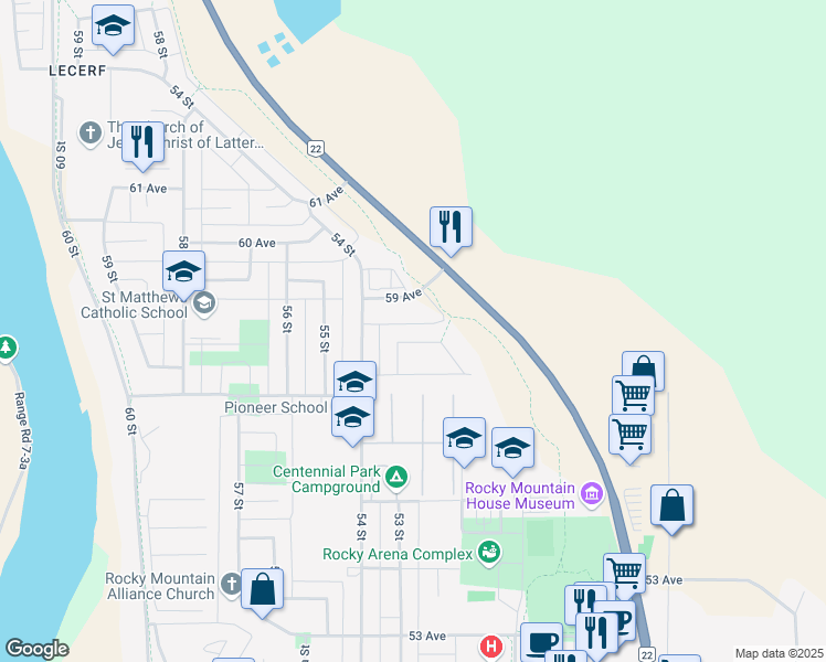 map of restaurants, bars, coffee shops, grocery stores, and more near 5733 53 Street Close in Rocky Mountain House