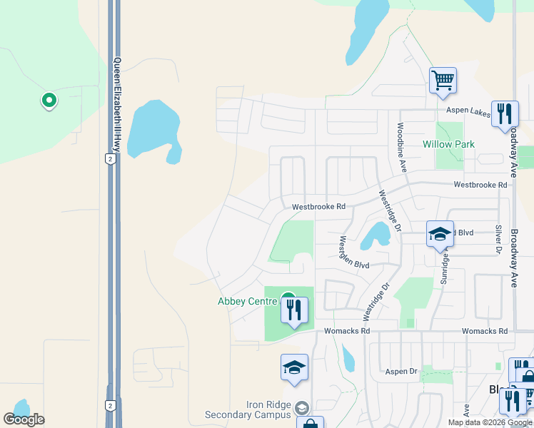 map of restaurants, bars, coffee shops, grocery stores, and more near 4304 Westbrooke Road in Blackfalds