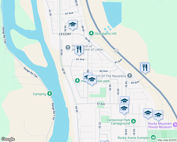 map of restaurants, bars, coffee shops, grocery stores, and more near 5727 60 Avenue in Rocky Mountain House
