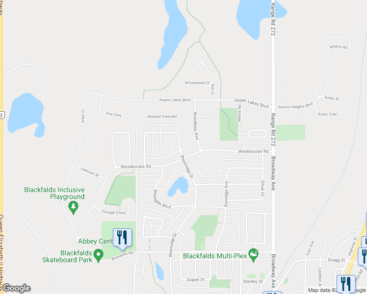 map of restaurants, bars, coffee shops, grocery stores, and more near 201 Westgate Crescent in Blackfalds